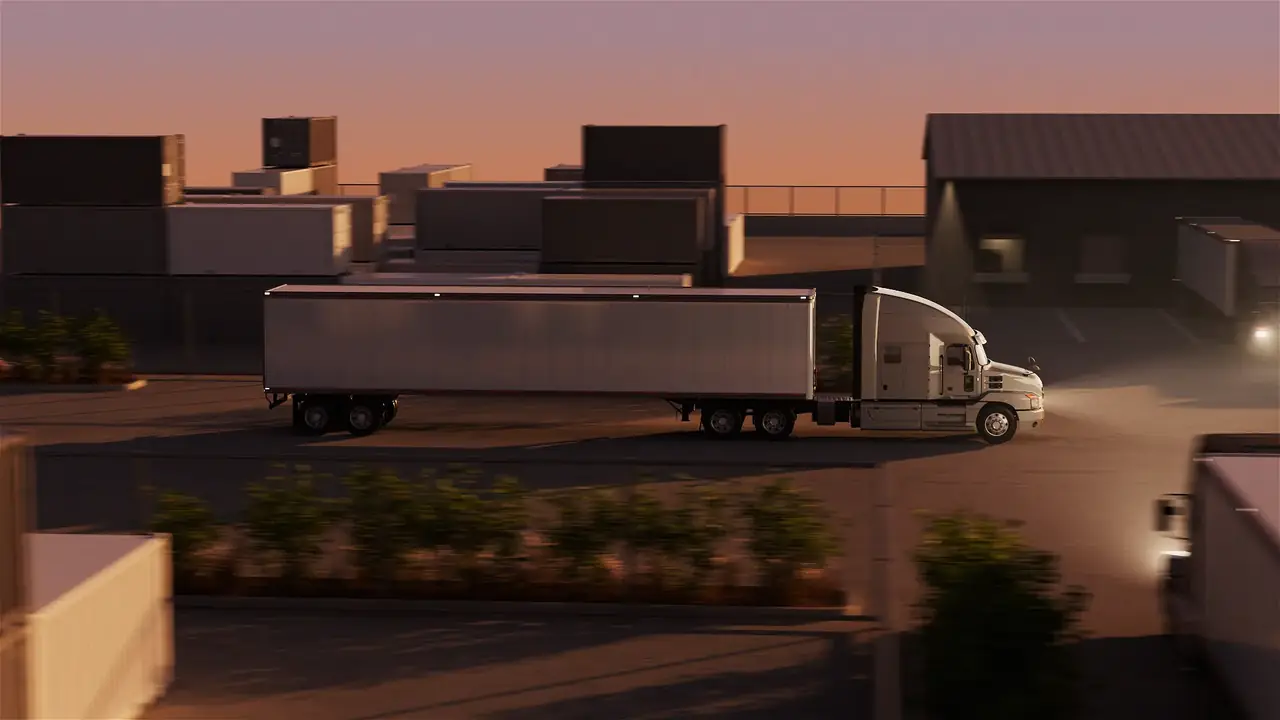 A Class 8 tractor with a 53-foot dry van trailer leaving a distribution yard at dusk